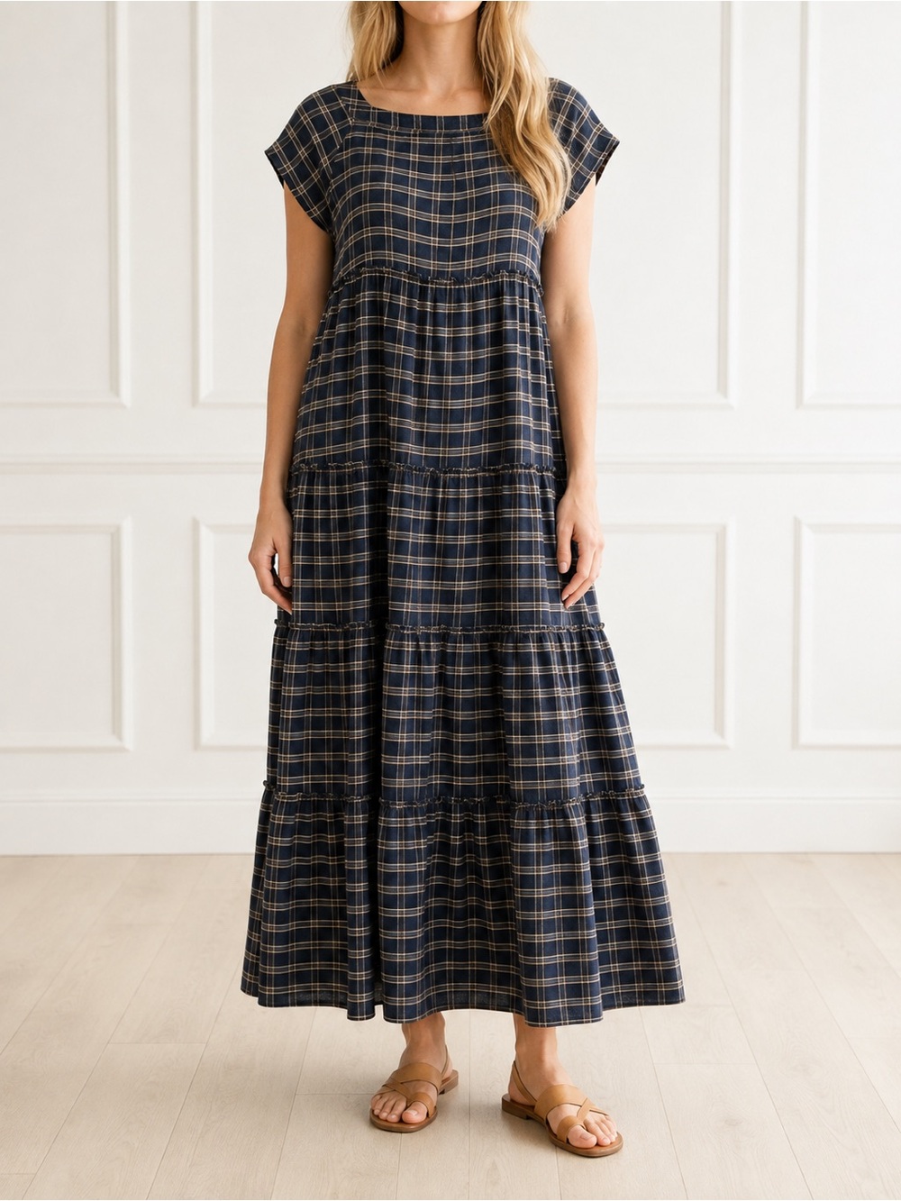 Natural Life Berkley Maxi Dress Medium Navy Tan Plaid Cotton Flannel Tiered Boho